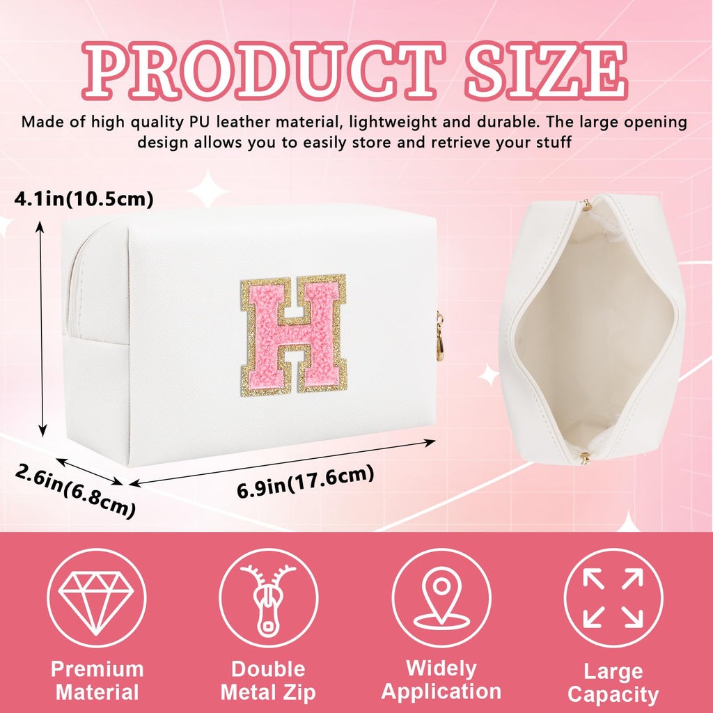 Iqimott Personalized Initial Letter Patch Makeup Bag, Preppy Portable Chenille Letter Cosmetic Bag with Zipper, PU Leather Waterproof Travel Toiletry Bag Monogram Make Up Pouch Girls(Letter H)