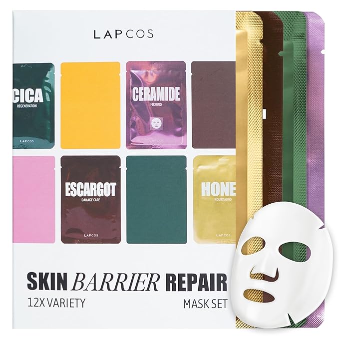 LAPCOS K Beauty Skin Barrier Repair Sheet Mask Variety Pack - Escargot, Cica, Ceramide, Honey - 4 Types of K Beauty Face Mask Set to Hydrate & Soothe - Breathable Sheet Korean Skin Care (Pack of 12)