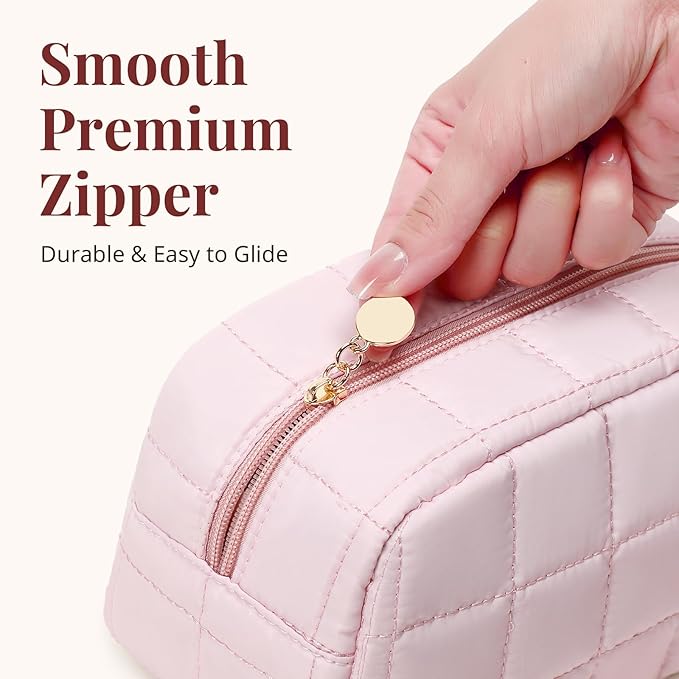LOVELYWIND Makeup Bag, Quilted Puffy Travel Toiletry Bag with Compartments, Wide-Open Cosmetic Bag for Women, Pouch Purse Organizer, Pink