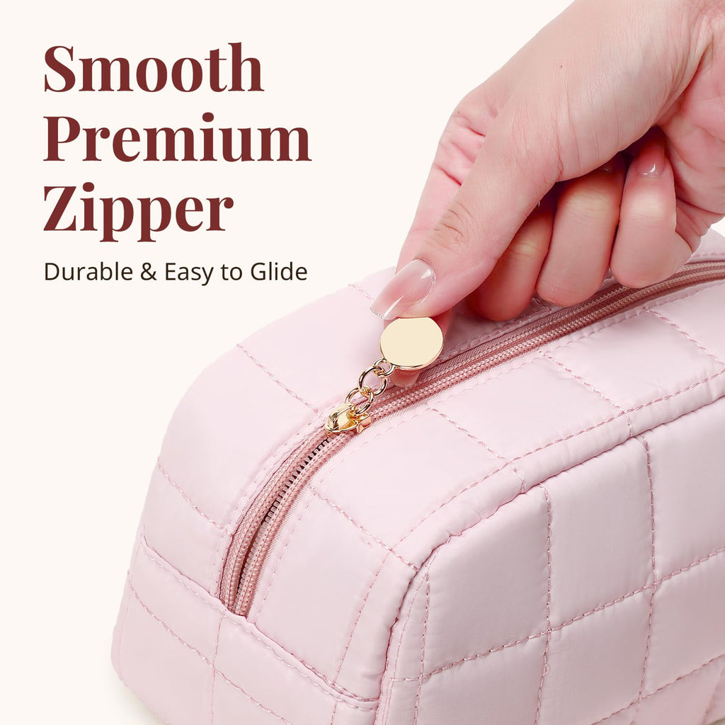 LOVELYWIND Makeup Bag, Quilted Puffy Travel Toiletry Bag with Compartments, Wide-Open Cosmetic Bag for Women, Pouch Purse Organizer, Pink