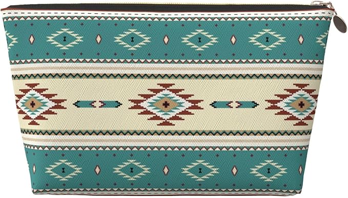 BEIANSHUO Native Indian Western Tribal Small Makeup Bag for Women - Leather Travel Cosmetic Bag Make Up Pouch Mini Travel Zipper Pouch - Makeup Organizer Bag