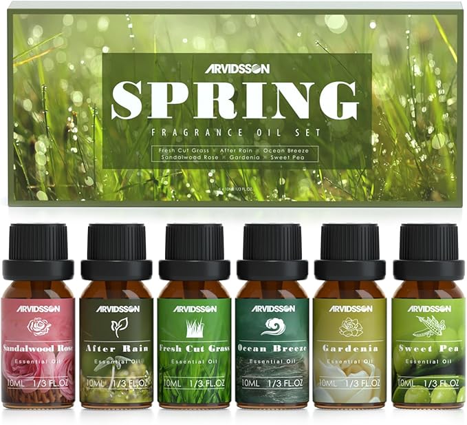 ARVIDSSON Spring Essential Oils Set, Natural Fragrance Oil for Diffuser - After Rain, Ocean Breeze, Fresh Cut Grass, Gardenia, Sweet Pea, Rose Sandalwood, Spring Scented Oil Gift Set