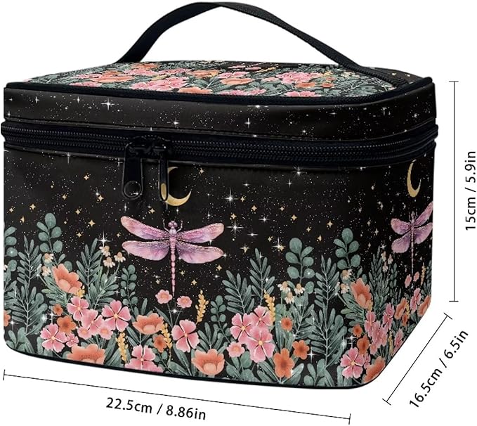Drydeepin Dragonfly Floral Moon Pattern Makeup Bag Travel Cosmetic Bag with Zipper and Handle Portable Large Capacity Toiletry Case for Women Ladies Travel Accessories