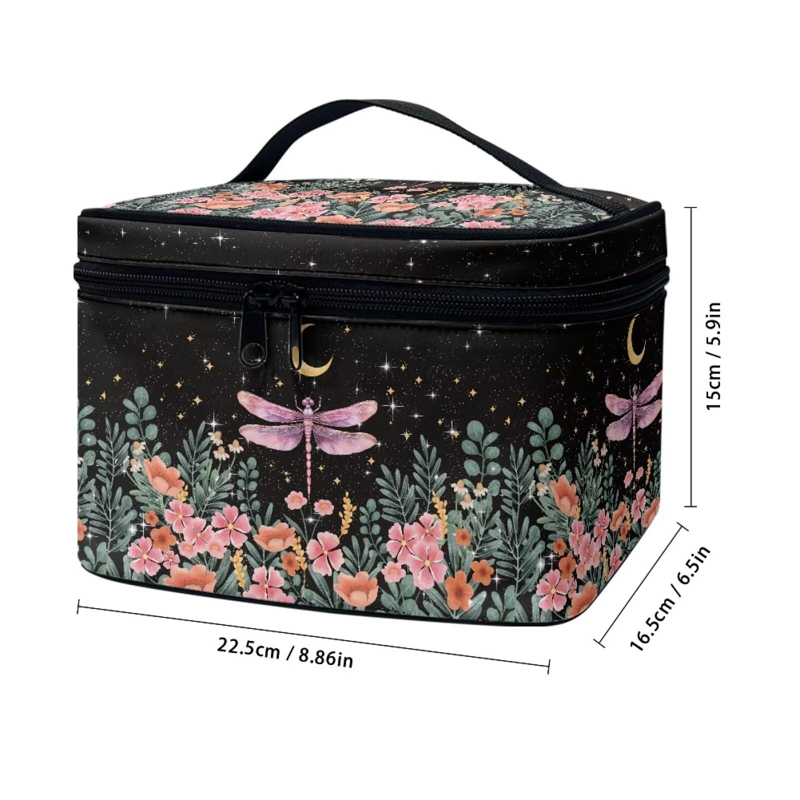Drydeepin Dragonfly Floral Moon Pattern Makeup Bag Travel Cosmetic Bag with Zipper and Handle Portable Large Capacity Toiletry Case for Women Ladies Travel Accessories