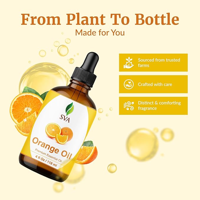 SVA Orange Essential Oil 4 Fl Oz – for Diffuser, Skin & Hair Care – Ideal for Massage & DIY Blends - with Dropper
