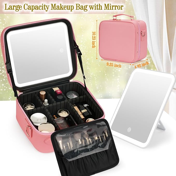 ViKert Travel Makeup Bag with Light Up Mirror,Makeup Travel Case with adjustable dividers,Waterproof Makeup Train Case,lighted Makeup Case with Detachable Mirror