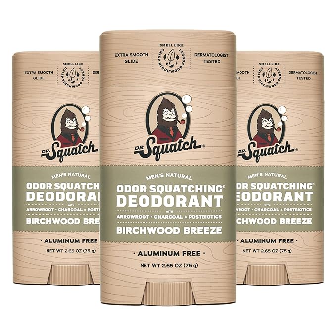 Dr. Squatch Natural Men’s Deodorant – Aluminum Free Natural Deodorant Men with Charcoal & Postbiotics for 72-Hour Odor Protection – Birchwood Breeze, 2.65oz Stick (3-Pack)