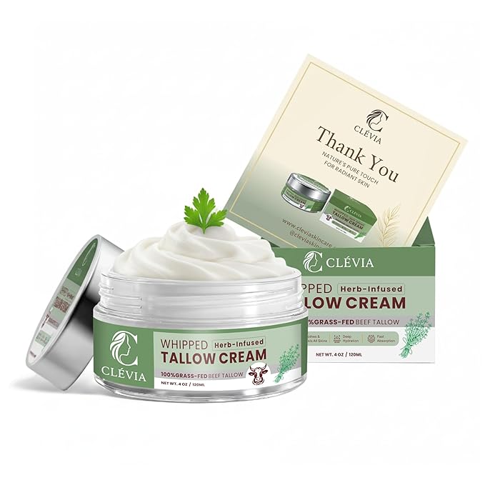 CLÉVIA 100% Grass-Fed Whipped Tallow Cream - 4 OZ Anti-Wrinkle Face and Body Balm with Jojoba Oil - Non-Comedogenic Deep Hydration for Dry, Sensitive and Irritated Skin - Herb-Infused