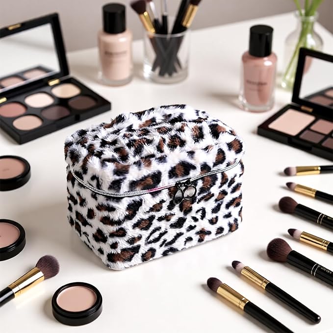 imerelez Plush Makeup Bag for Women, Leopard Print Faux Fur Travel Cosmetic Organizer, 10.2 x 7 x 7 in Soft Fluffy Toiletry Bag for Makeup, Skincare and Beauty Essentials (Beige)
