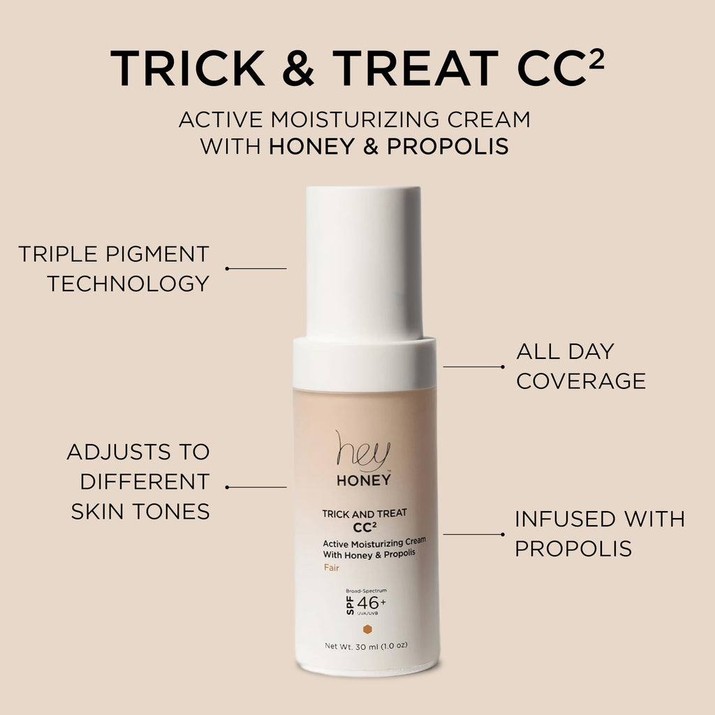 Hey Honey Trick and Treat CC² Cream SPF 46 | Active Moisturizing Color Correcting Cream with Honey & Propolis | Best Cover For Rosacea, Skin Redness & Mature Skin | Cruelty-Free | 1 oz (Fair Tone)