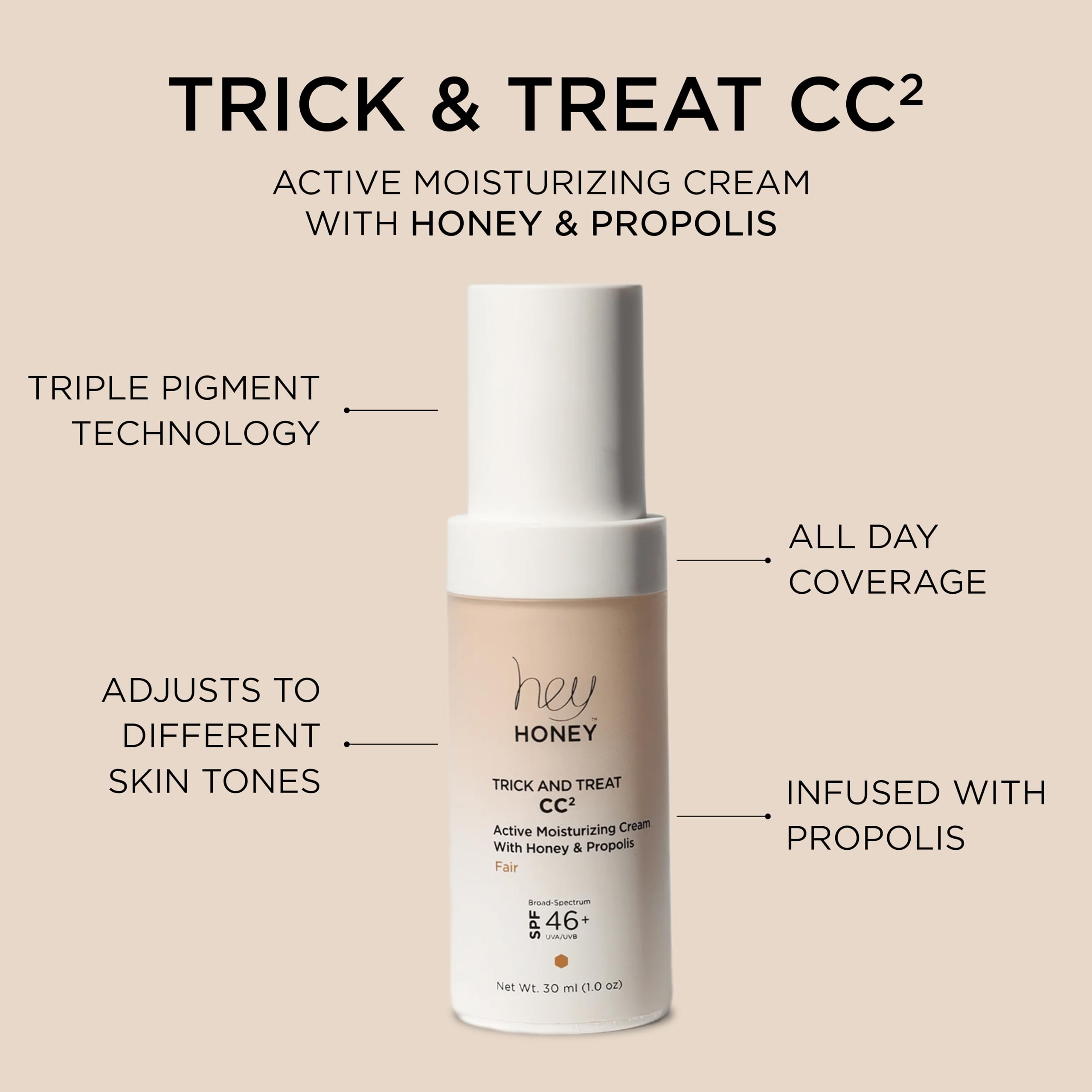 Hey Honey Trick and Treat CC² Cream SPF 46 | Active Moisturizing Color Correcting Cream with Honey & Propolis | Best Cover For Rosacea, Skin Redness & Mature Skin | Cruelty-Free | 1 oz (Fair Tone)