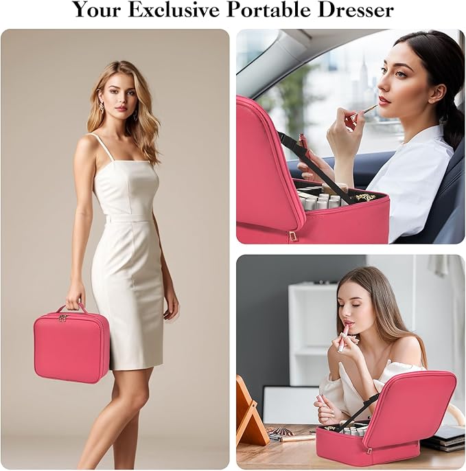 Yaliang Travel Makeup Bag with Mirror & 6 Adjustable EVA Dividers, Rose Red