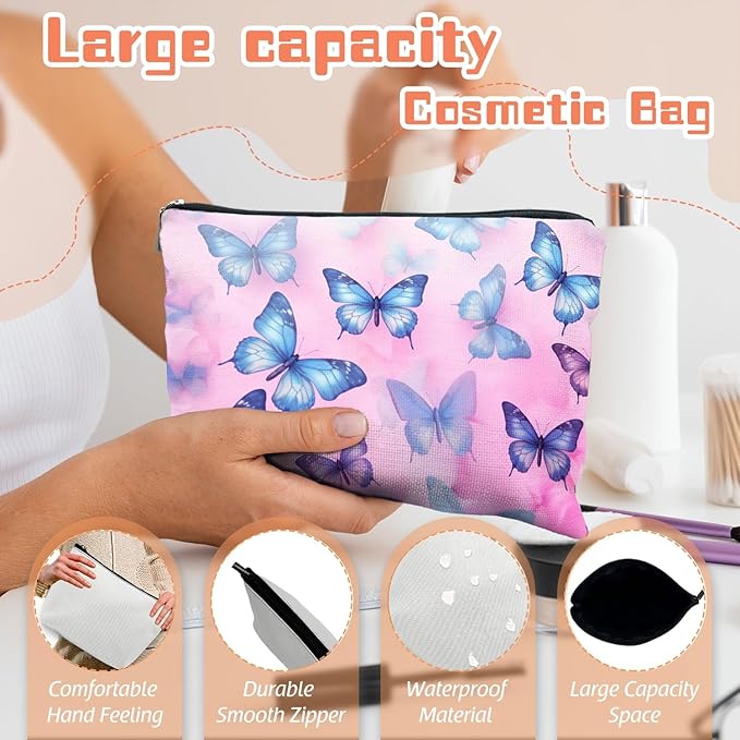 Scribesense Makeup Bag Travel Cosmetic Bags Small Makeup Case Waterproof Zipper Pouch for Women Girls 7X9inches - Blue And Purple Butterflies on A Pink Background