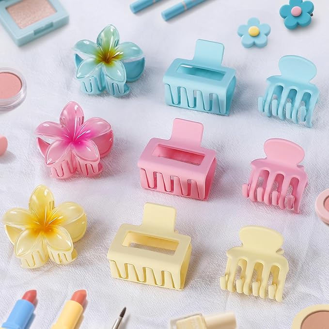 Hair Clips for Women 9 Pack Medium Claw Clips, No Slip Strong Hold Hair Clips for Thick & Thin Hair, Flower Square Aesthetic Styles for Everyday Styling, Trendy Hair Accessories (Pink)