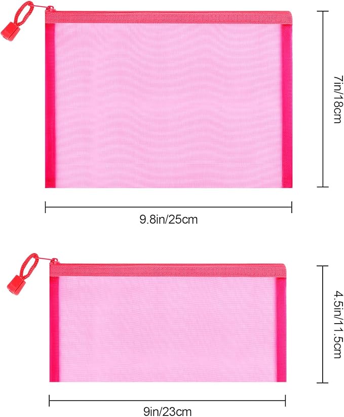 Sinzip 12 Pieces Zipper Nylon Mesh Pouch, Mesh Cosmetic Bags Makeup Bags Pencil Case, Multipurpose Travel Bags for Cosmetic School Office Supplies and Travel Accessories (Hot Pink, A5+B6)
