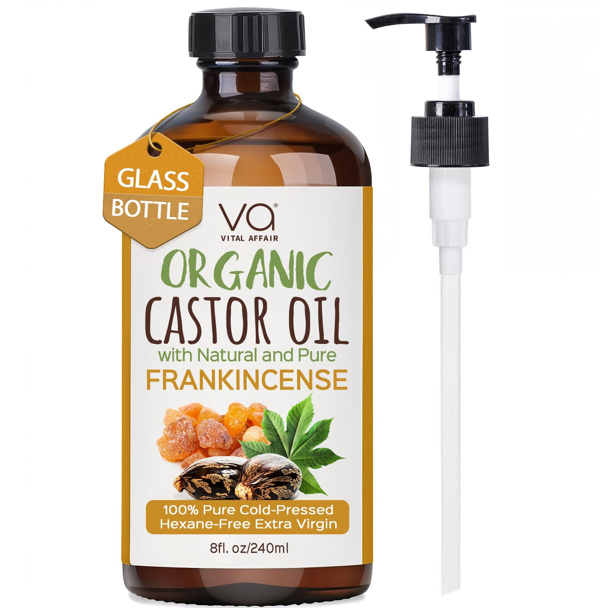 Castor Oil Organic Cold Pressed Glass Bottle 8oz For Hair Growth, Eyebrow