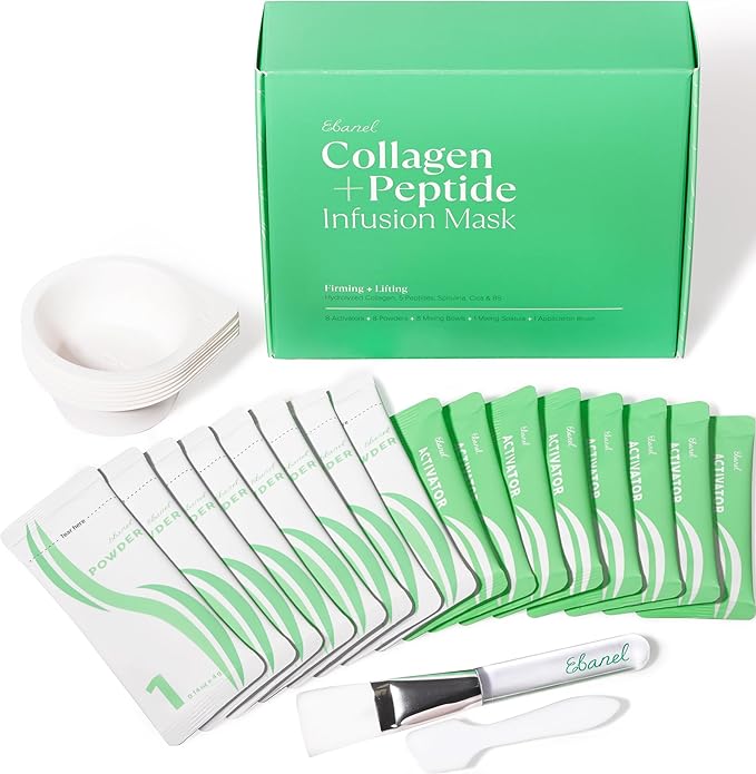 Ebanel Collagen Peptides Wash-Off Face Mask Set, 8-Pack with Brush, Spatula