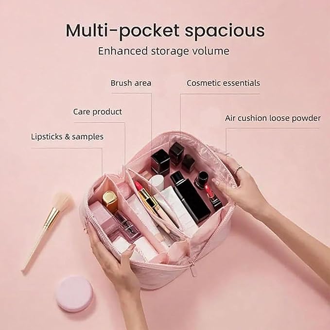 Petition Makeup Bag, 180° Open Lay-Flat Cosmetic Case, Large Capacity Compartment Makeup Bag, Lightweight, Soft and Fashion for Bottles & Brushes (Black)