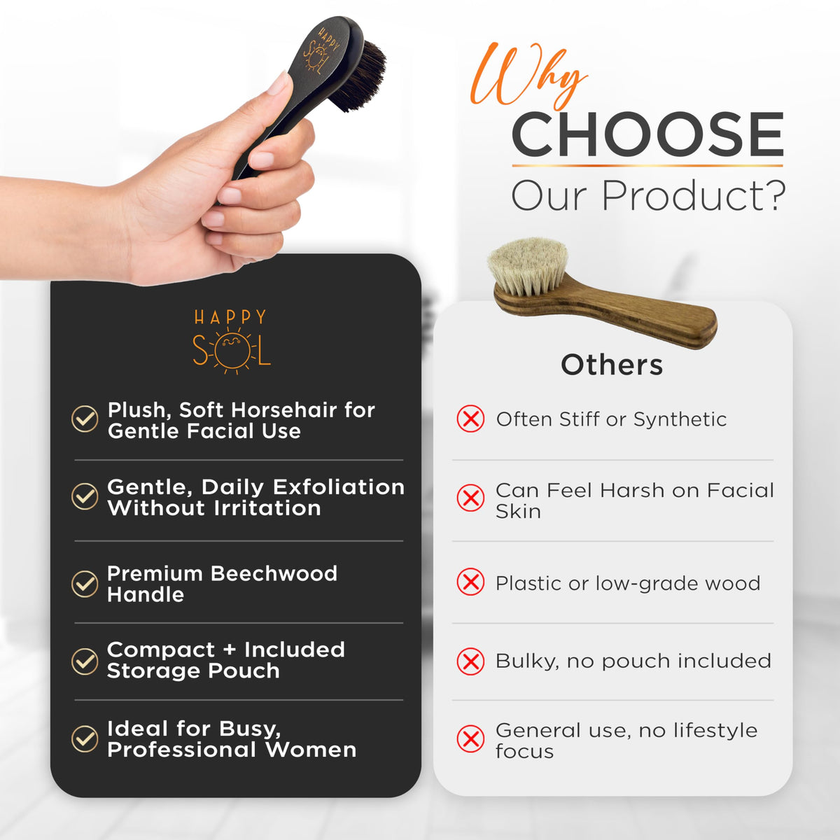 Dry Facial Brush for Lymphatic Drainage by Happy Sol - Dry Brushing Face Brush, High Quality Beechwood, Natural Face Brush that Improve Blood Circulation and Glowing Skin