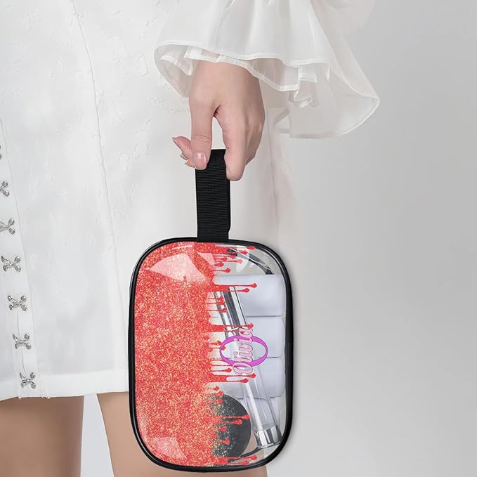 KFNHN Custom Travel Clear Cosmetic Bag with Name, Personalized Large Capacity Weekend PVC Transparent Toiletry Bag Portable Bathroom Makeup Organizer, Red Curtain Glittering
