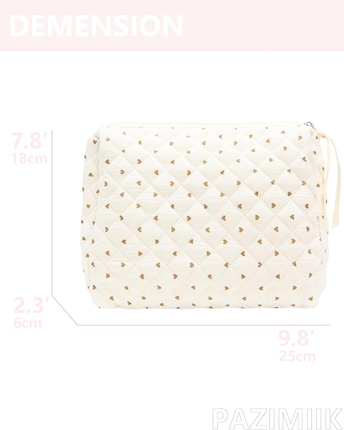 Quilted Makeup Pouch for Women, Travel Cosmetic&Toiletry Bag,Gauze Heart