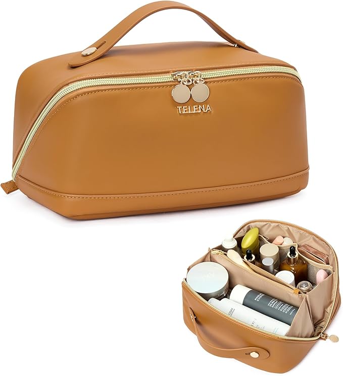 Telena Leather Make Up Bag Portable Travel Makeup Bag Waterproof Cosmetic Bags for Women Large Capacity With Handle and Divider Open Lay Flat