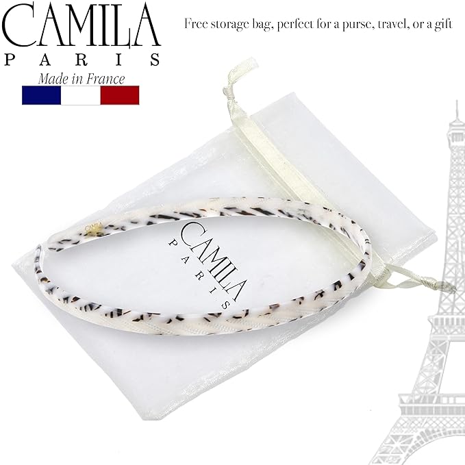 Camila Paris CP3471 French Headband for Women, Handmade White and Gray, Strong Hold Grip Women's Hair Band, Ligth and Very Flexible, No Slip Durable Styling Girls Hair Accessories, Made in France