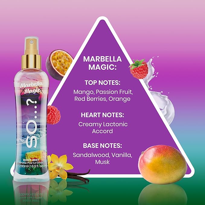 Marbella Magic Body Mist by So…? - Fruity Floral Body Spray for Women with Mango, Vanilla, Musk Notes - Gifts for Women - 6.9 oz