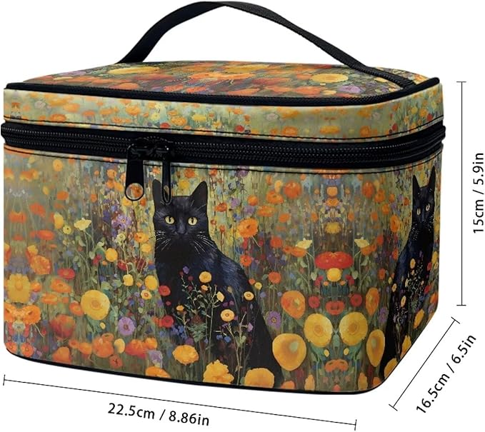 Drydeepin Black Cat Vibrant Floral Pattern Travel Makeup Bags for Women Portable Tote Cosmetic Case with Carry Handle Toiletry Accessories Storage Organizer Bags
