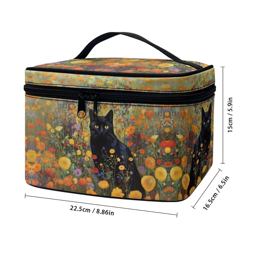 Drydeepin Black Cat Vibrant Floral Pattern Travel Makeup Bags for Women Portable Tote Cosmetic Case with Carry Handle Toiletry Accessories Storage Organizer Bags