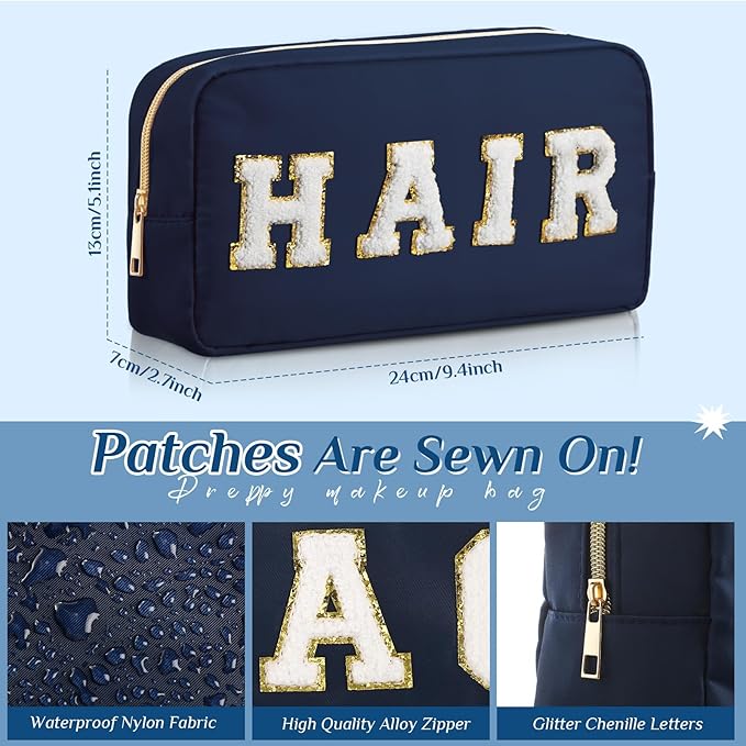 Cunno Preppy Makeup Bags Chenille Letter Stuff Bag Nylon Cosmetic Pouch Cases with Zipper for Women Travel Toiletry(Dark Blue,Classic,4 Pcs)