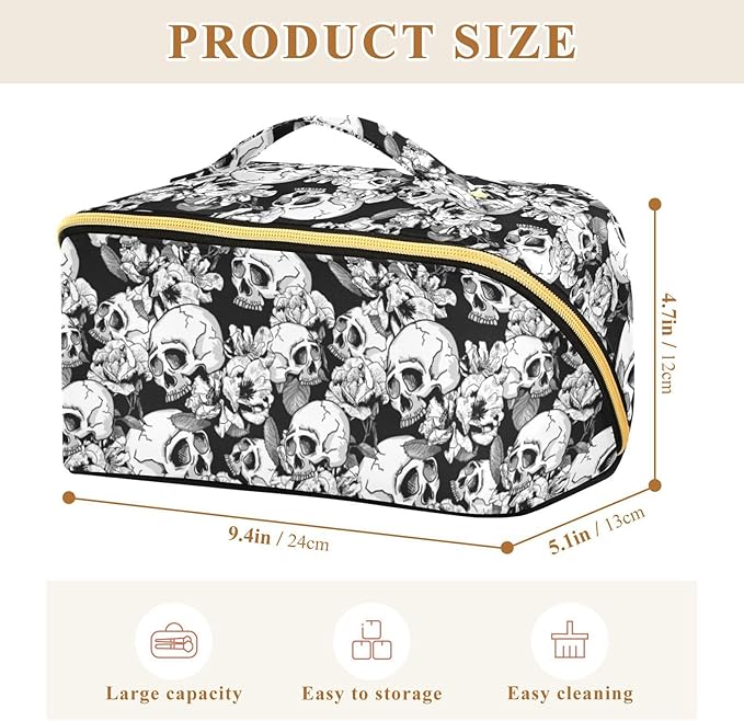 MNSRUU Makeup Organizer Bag, Skull and Flowers Travel Makeup Bags Makeup Vanity Case Large Capacity Rhombus Cosmetic Toiletry Bag for Girl Women Ladies