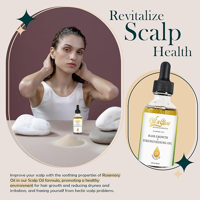 OilnGlow 8 in 1 Natural Hair Growth & Strengthening Oil with Rosemary, Castor, Vegan Jojoba, Coconut, Grape Seed, Ginger & Scalp DHT Blocker Peppermint Oil -2 FL