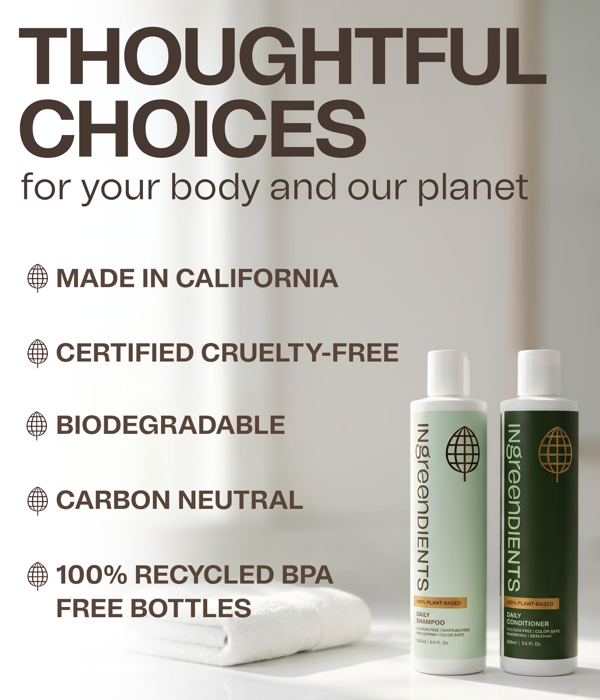 Ingreendients Non Toxic Vegan Shampoo and Conditioner with Organic Ingredients, Apple Cider Vinegar, Tea Tree Oil - Color Safe, Paraben & Gluten Free, Silicone & Sulfate Free, pH Balanced