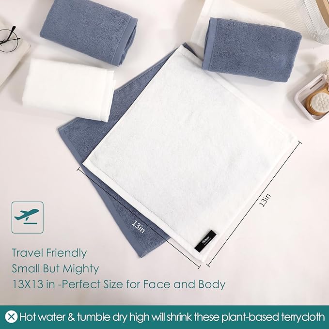 Wash Cloths 6 Cnt,Face Towel for Sensitive Skin,13''x13'',White+Slate Blue