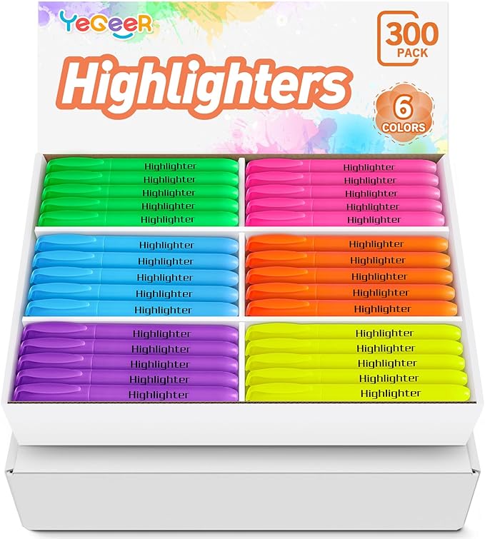 YEGEER Highlighters, Chisel Tip Dry-Quickly Highlighter Markers, 300 Count-6 Assorted Colors Highlighters Bulk Pack for Adult Kids, Office Classroom Must Have, School Supplies for Teachers