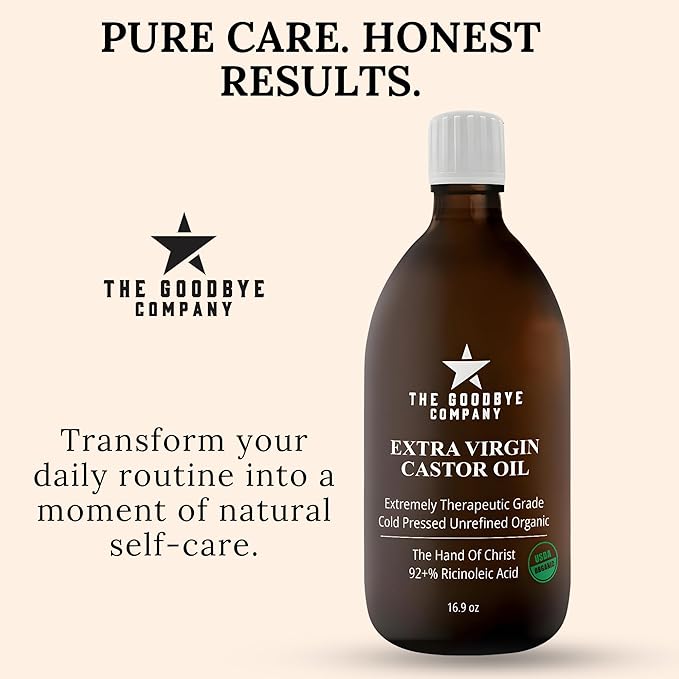 GoodBye Company USDA Organic Cold-Pressed Castor Oil, 16.9 oz Amber Glass Bottle, Hexane-Free, Extra Virgin, Food Grade, for Hair, Skin, Lashes, Brows & Digestive