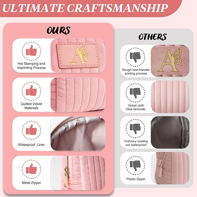 BagUrshion Monogrammed Make Up Bags for Women,Personalized Cosmetic Bags Women,Small Quilted Makeup Pouch,Cute Makeup Bag Travel,Birthday Gifts for Teen Girl (Pink A)