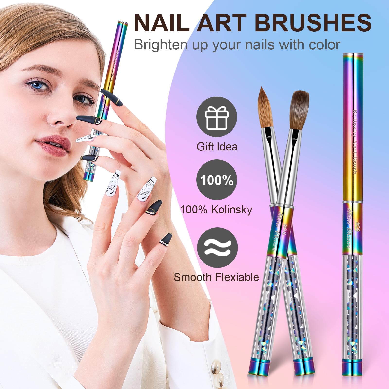 Shine Chance Acrylic Nail Brush Size 8, 100% Real Kolinsky Art Nail Brush for Acrylic Powder Application, Handmade Women Manicure Nail Extension Tool for Professional DIY Home Salon and Beginners