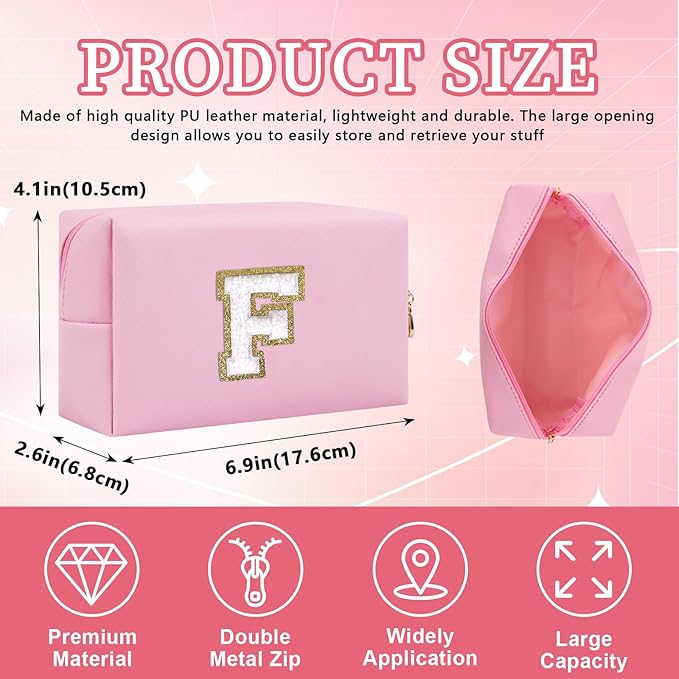 Iqimott,Personalized Initial Letter Patch Makeup Bag, Preppy Portable Chenille Letter Cosmetic Bag with Zipper, PU Leather Travel Toiletry Bag Monogram Make Up Pouch for Women Girls(Letter F)