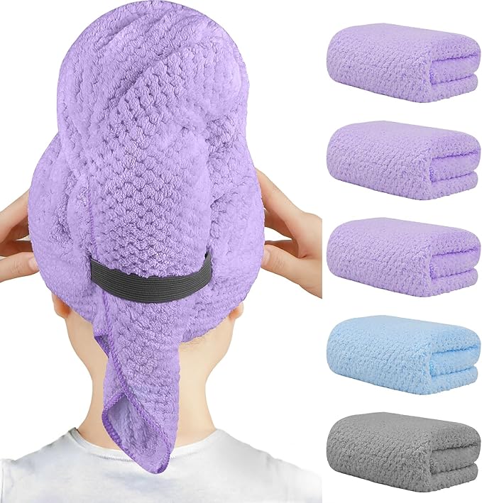 HOMEXCEL 5PK Microfiber Hair Towels, 40x20 in, Soft&Fast Drying for Long Hairs