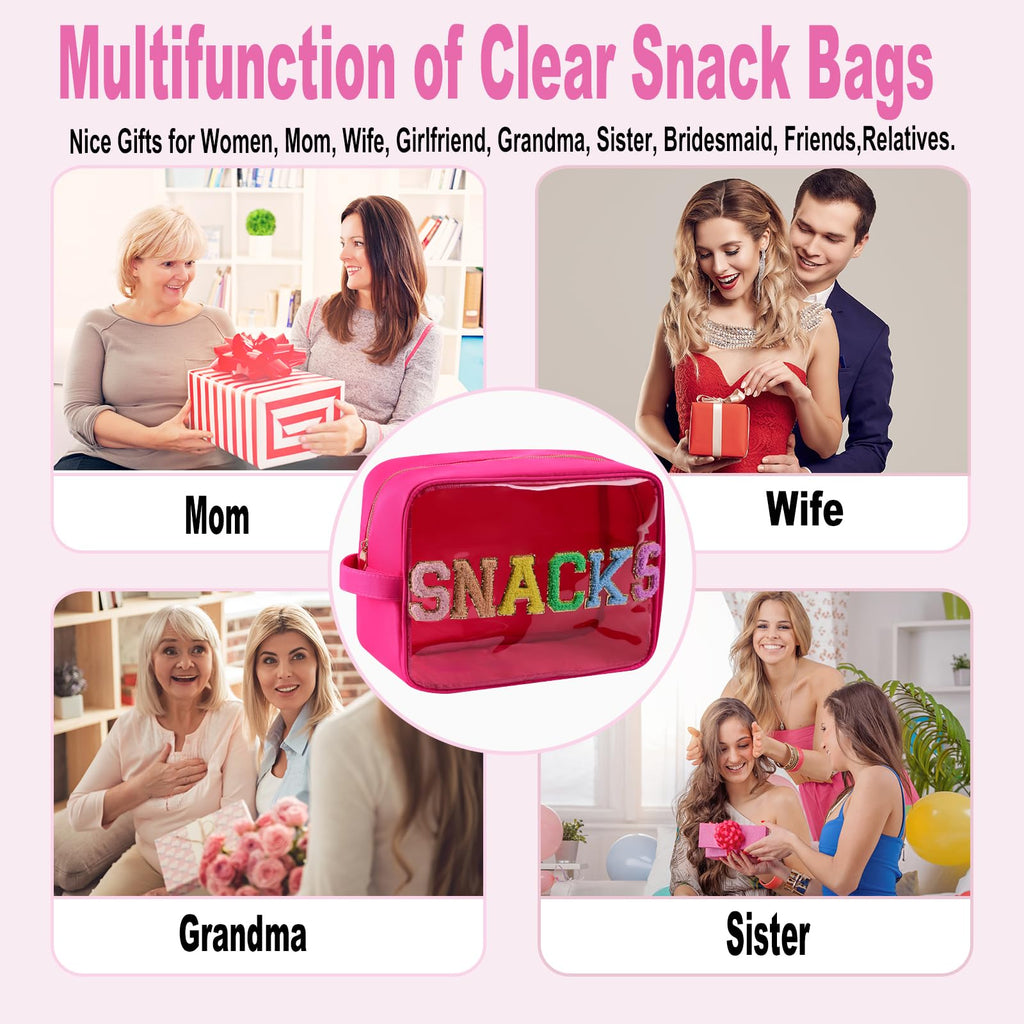 YogoRun Snack Bags Clear Makeup Bag Large Suncreen Bag Travel Toiletry Bag Chenille Glitter Nylon Cosmetic Pouch (XL, Hot Pink-Snacks)