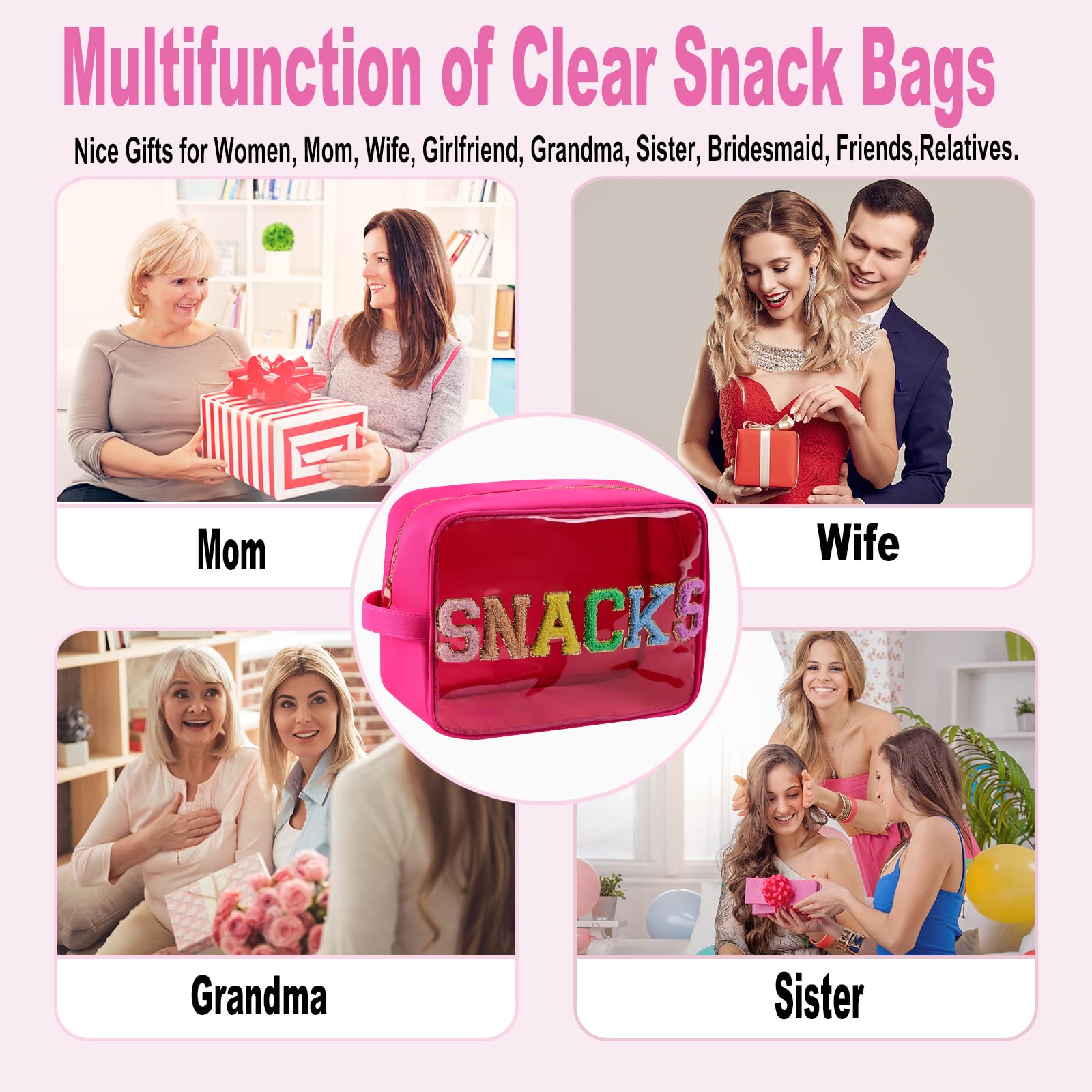YogoRun Snack Bags Clear Makeup Bag Large Suncreen Bag Travel Toiletry Bag Chenille Glitter Nylon Cosmetic Pouch (XL, Hot Pink-Snacks)
