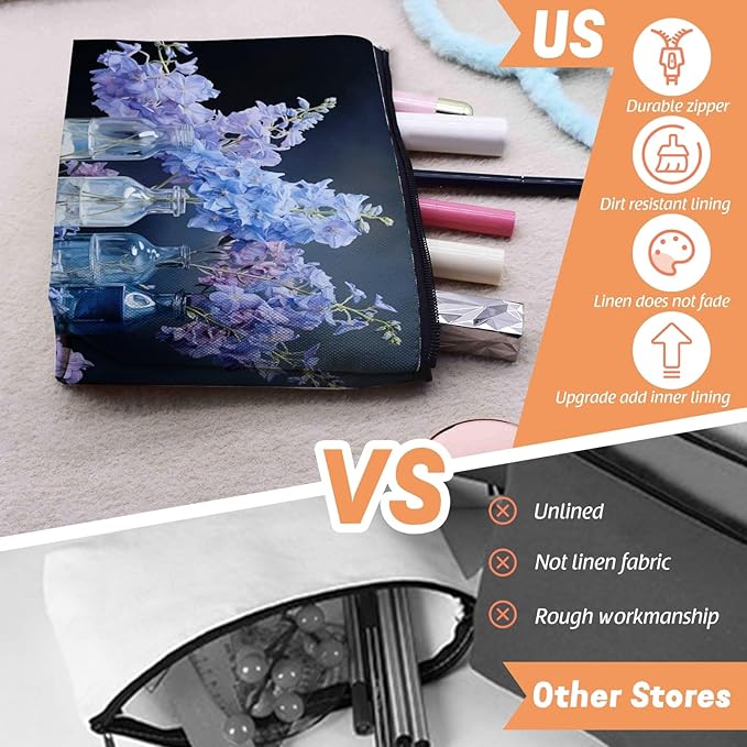 Scribesense Cosmetic Bags Travel Makeup Toilet Case Waterproof Pouch for Women Girls 6.7X9.45inches - Still - Life of Blue - Purple Flowers in Glass Bottles