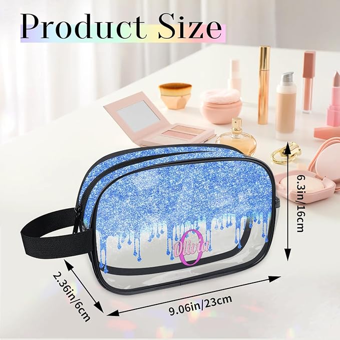 KFNHN Personalized Travel Transparent Cosmetic Bag Waterproof Makeup Bags, Custom Name Light Sky Blue Curtain Glittering Romantic Organizer Case Clear Toiletries Container Bag