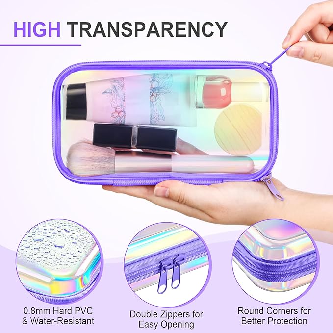Hoolerry 3 Pcs Clear Hard Zipper Case Hard Plastic Zipper Pouch Makeup Bag Portable Travel Organizer for Cosmetics, Office Supplies, Documents & Toiletries(Laser,S)
