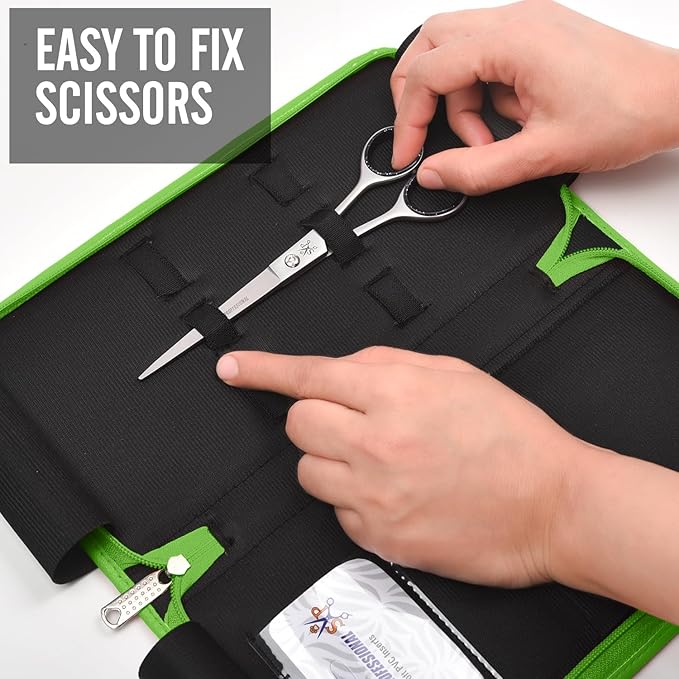 Shears Professional Leather 5 Scissor & Shear Storage Case for Hairstylist - Hairdresser -Scissor Holder Perfect for home-saloon use (Green)