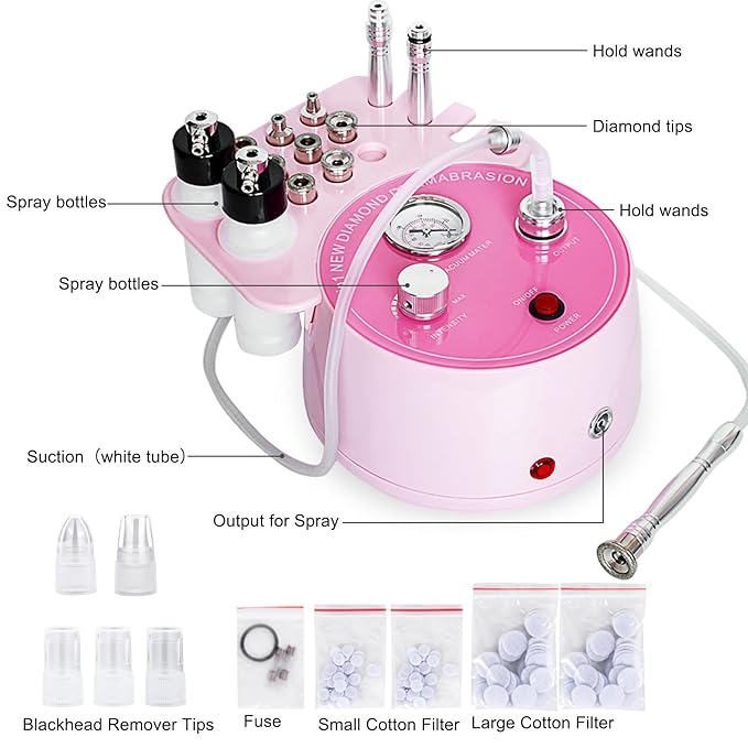 AIMENGXI Diamond Microdermabrasion Machine Professional Plus, 3 in 1 Pink Diamond Dermabrasion Facial Beauty Equipment Skin Care for Vacuum Blackhead Removal & Spray, Suction Power 0-70 cmHg