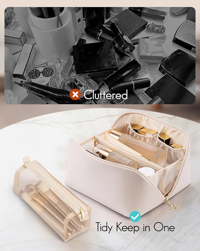 VLANDO Makeup Bag,Women Travel Toiletry Case,Carry Handle,Off White