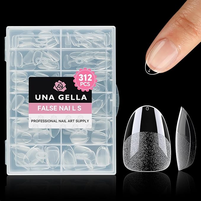 UNA GELLA Extra Short Almond Nail Tips, 312pcs XS Short Almond Gel Nail Tips, Pre-Shaped Half Matte Full Cover No Need File Soft Gel Clear Fake Nails for Nails Extension Home DIY Salon 12 Sizes